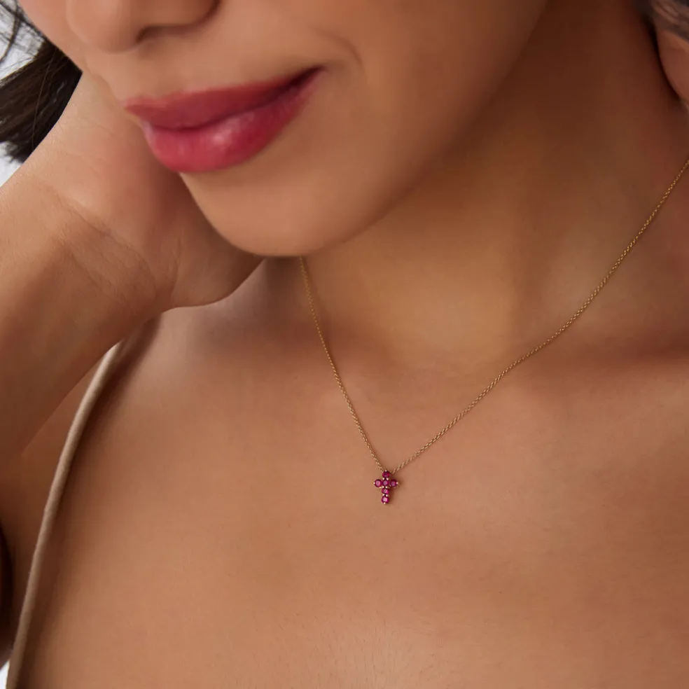 14K Tiny Ruby Cross Necklace