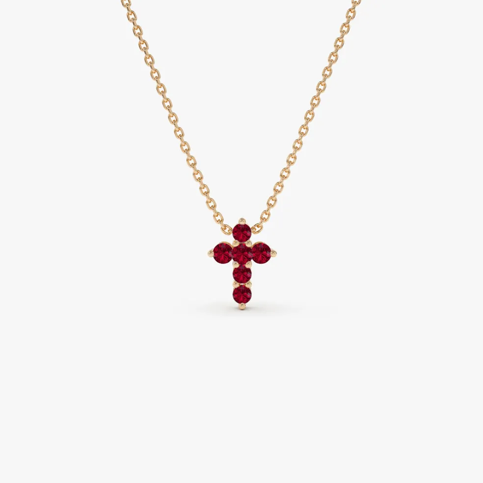 14K Tiny Ruby Cross Necklace