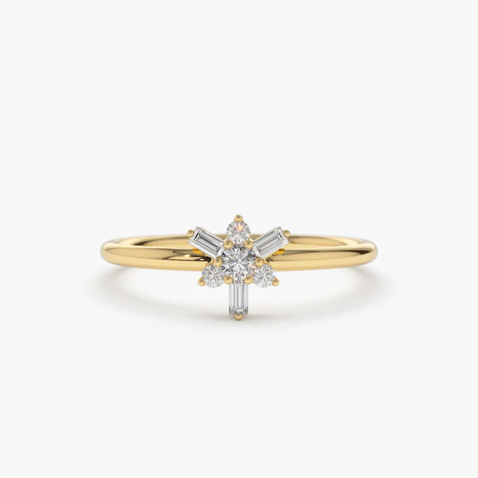 14k Triangle Shape Baguette & Round Diamond Stacking Ring
