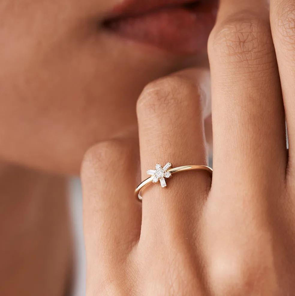 14k Triangle Shape Baguette & Round Diamond Stacking Ring