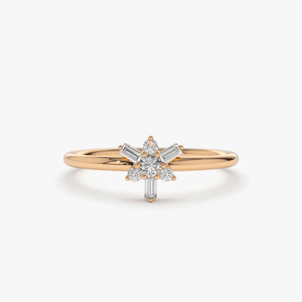 14k Triangle Shape Baguette & Round Diamond Stacking Ring