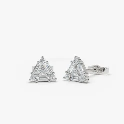 14k Triangle Shaped Round & Baguette Diamond Studs