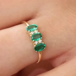 14k Triple Oval Emerald Diamond Ring