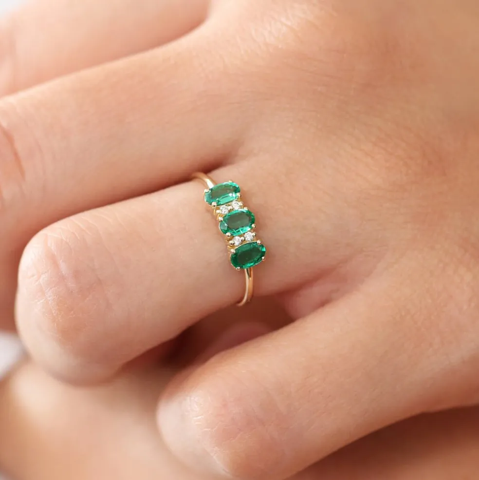 14k Triple Oval Emerald Diamond Ring