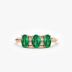 14k Triple Oval Emerald Diamond Ring