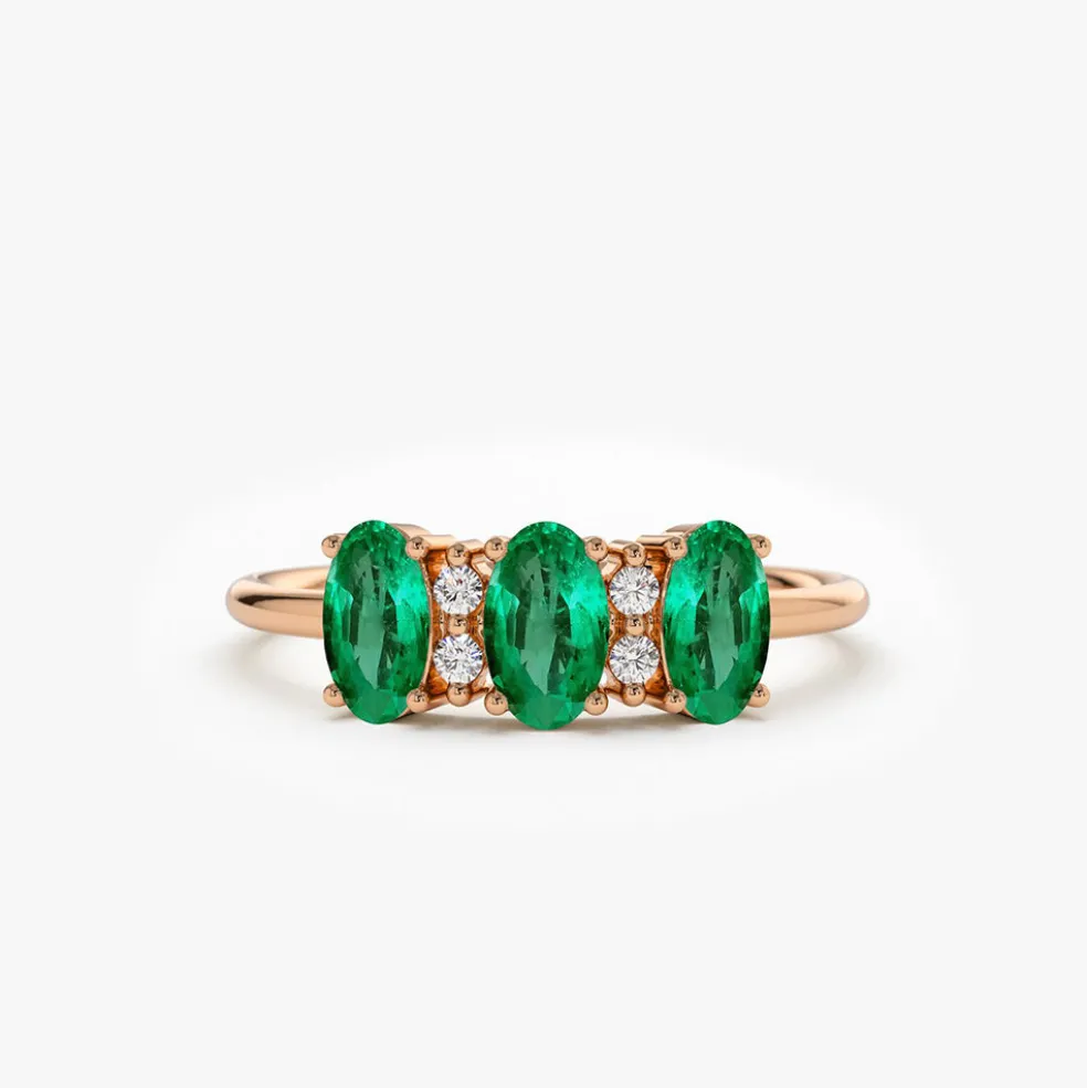 14k Triple Oval Emerald Diamond Ring