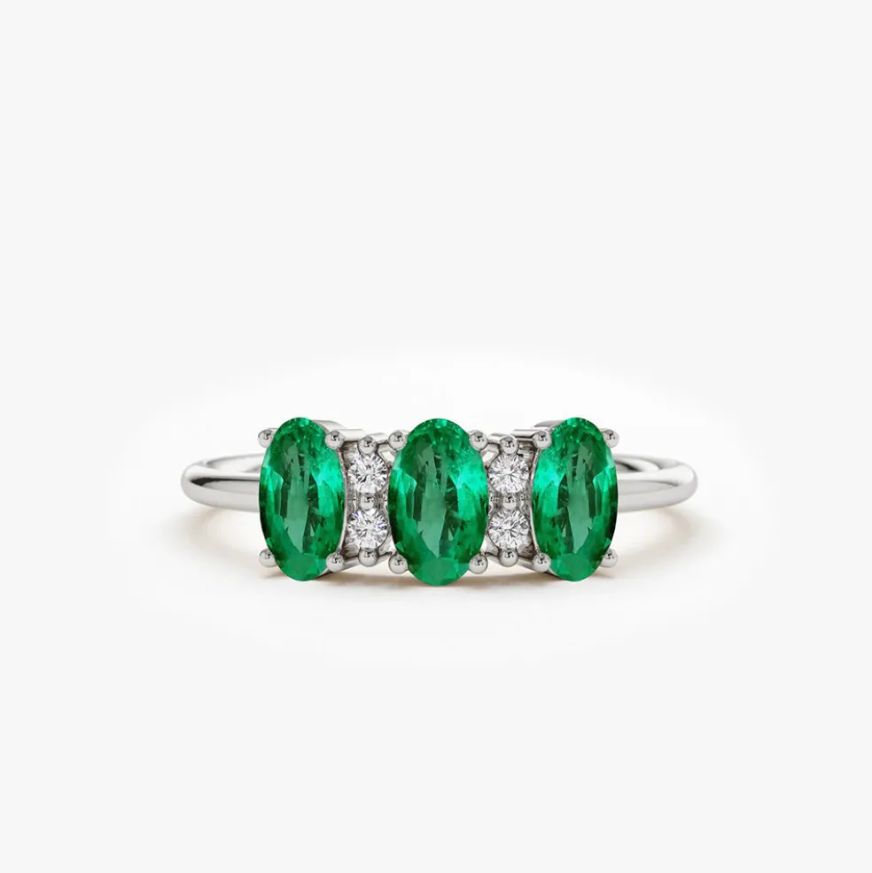 14k Triple Oval Emerald Diamond Ring