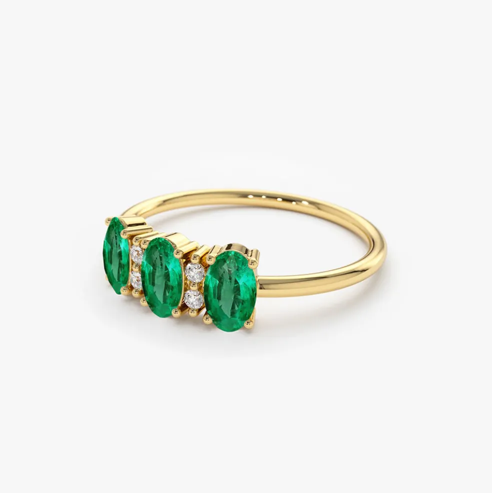 14k Triple Oval Emerald Diamond Ring
