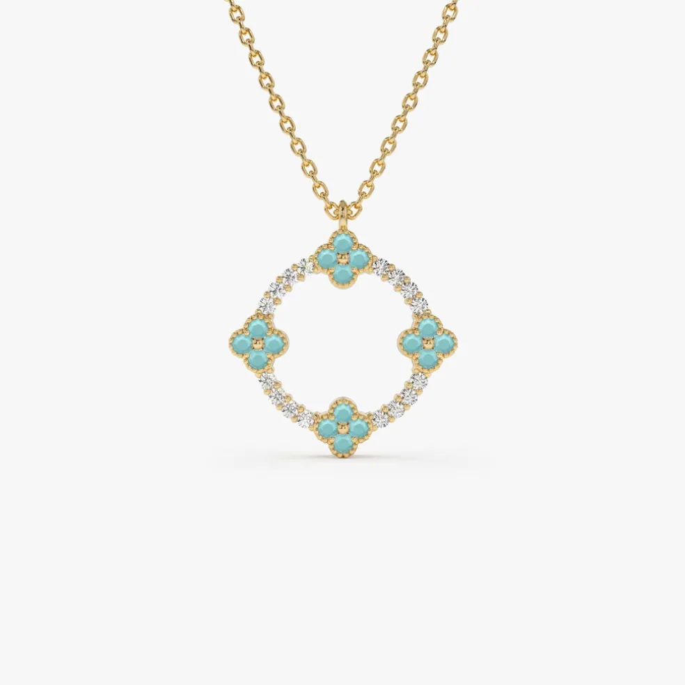 14k Turquoise and Diamond Clover Pendant Necklace