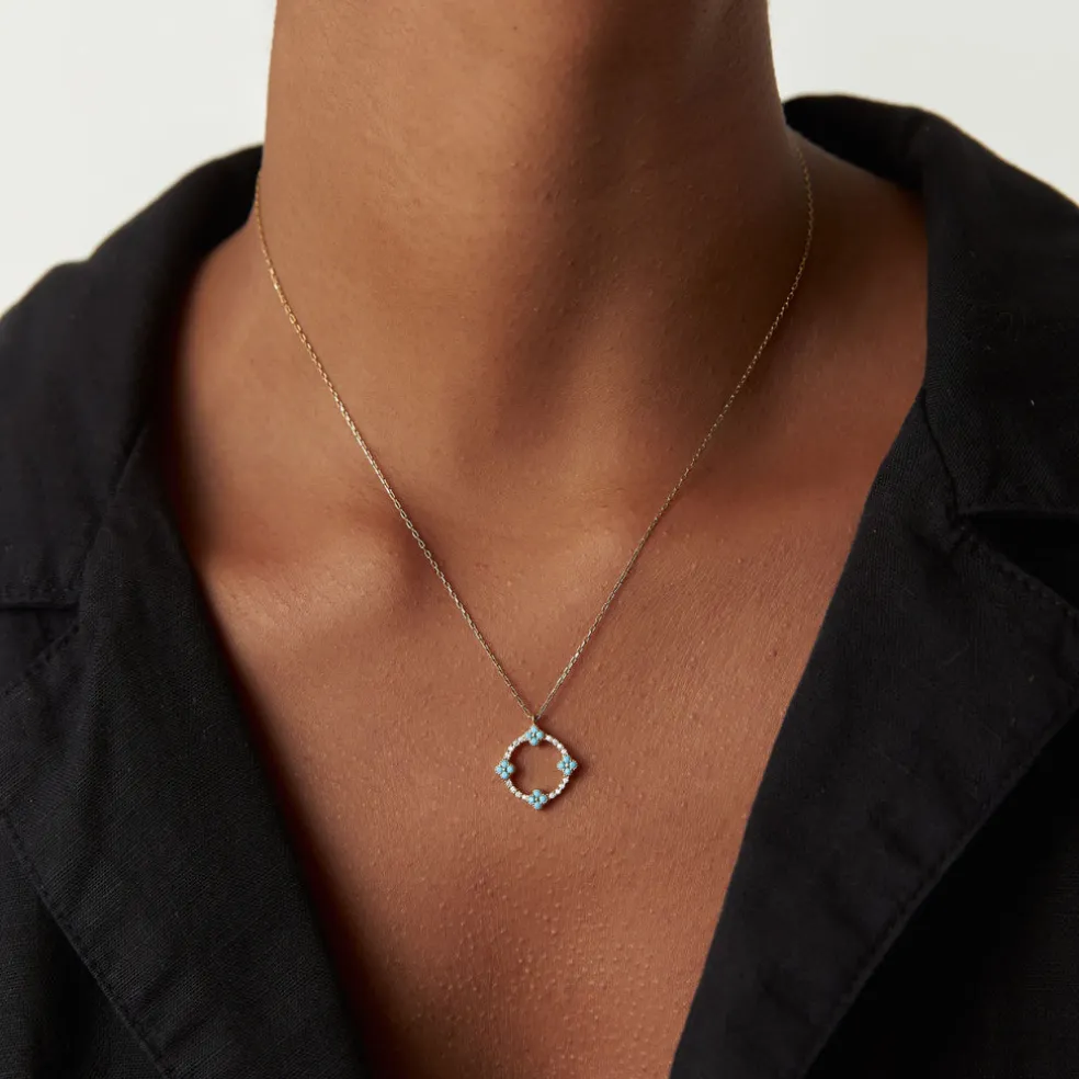 14k Turquoise and Diamond Clover Pendant Necklace