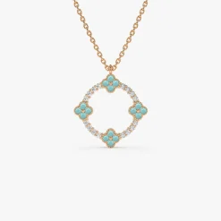 14k Turquoise and Diamond Clover Pendant Necklace