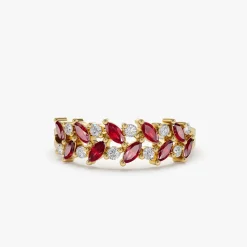 14k Two Rows Marquise Cut Natural Ruby and Diamond Ring