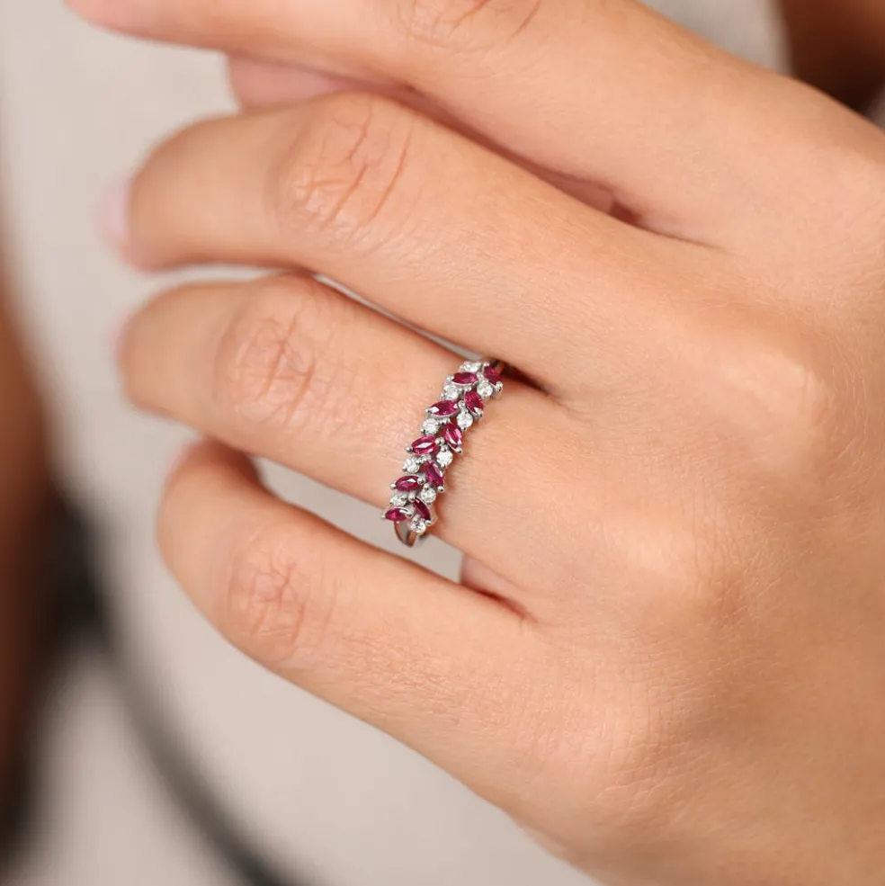 14k Two Rows Marquise Cut Natural Ruby and Diamond Ring