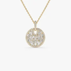 14k Unique Baguette and Round Diamond Disc Necklace