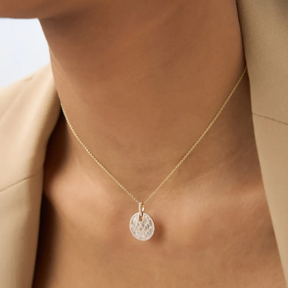 14k Unique Baguette and Round Diamond Disc Necklace