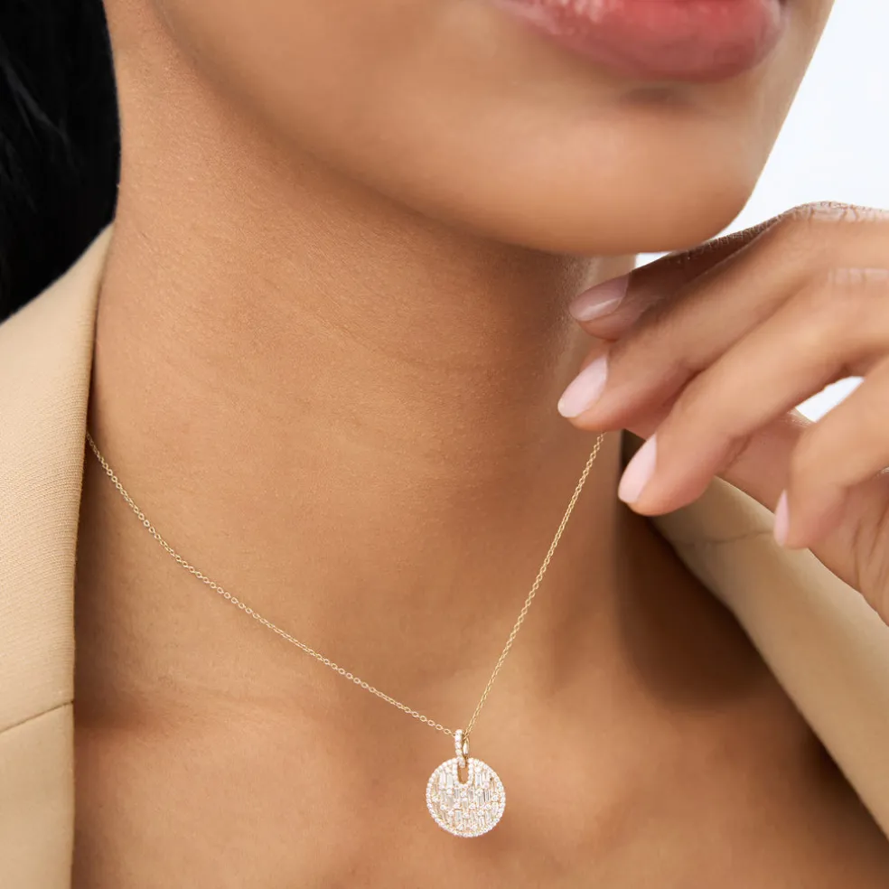 14k Unique Baguette and Round Diamond Disc Necklace
