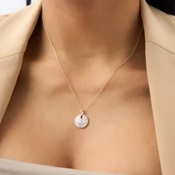 14k Unique Baguette and Round Diamond Disc Necklace