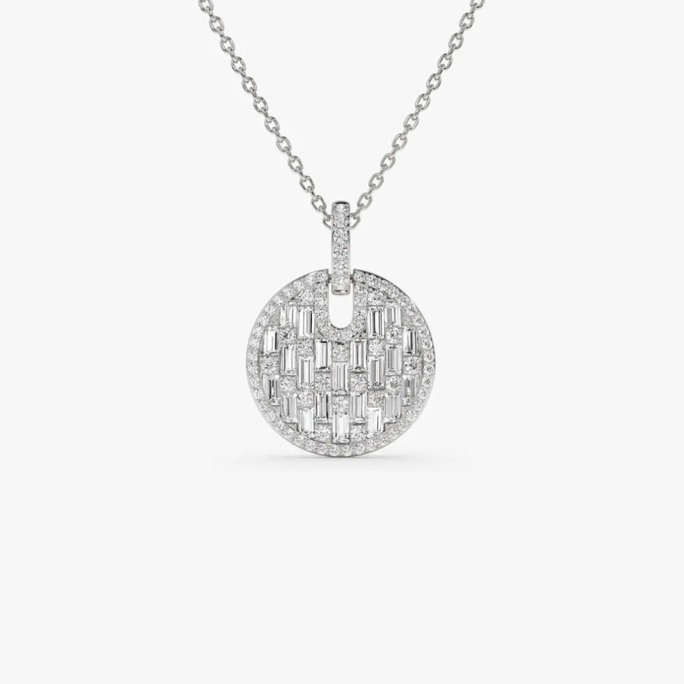 14k Unique Baguette and Round Diamond Disc Necklace