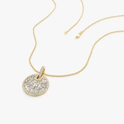 14k Unique Baguette and Round Diamond Disc Necklace