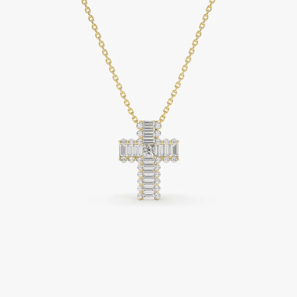 14k Unique Cross with Baguettes and Round Diamonds