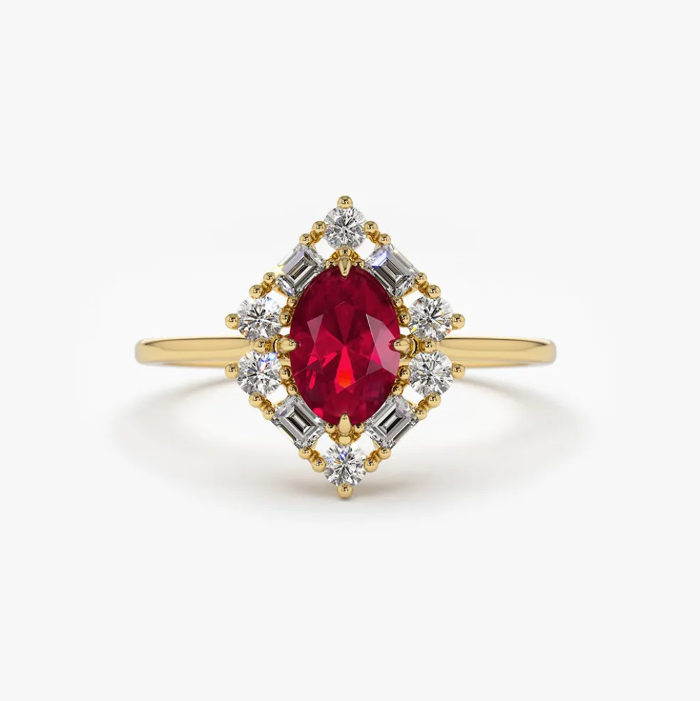 14K Unique Natural Ruby and Baguette Ring