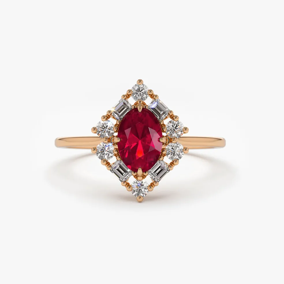 14K Unique Natural Ruby and Baguette Ring