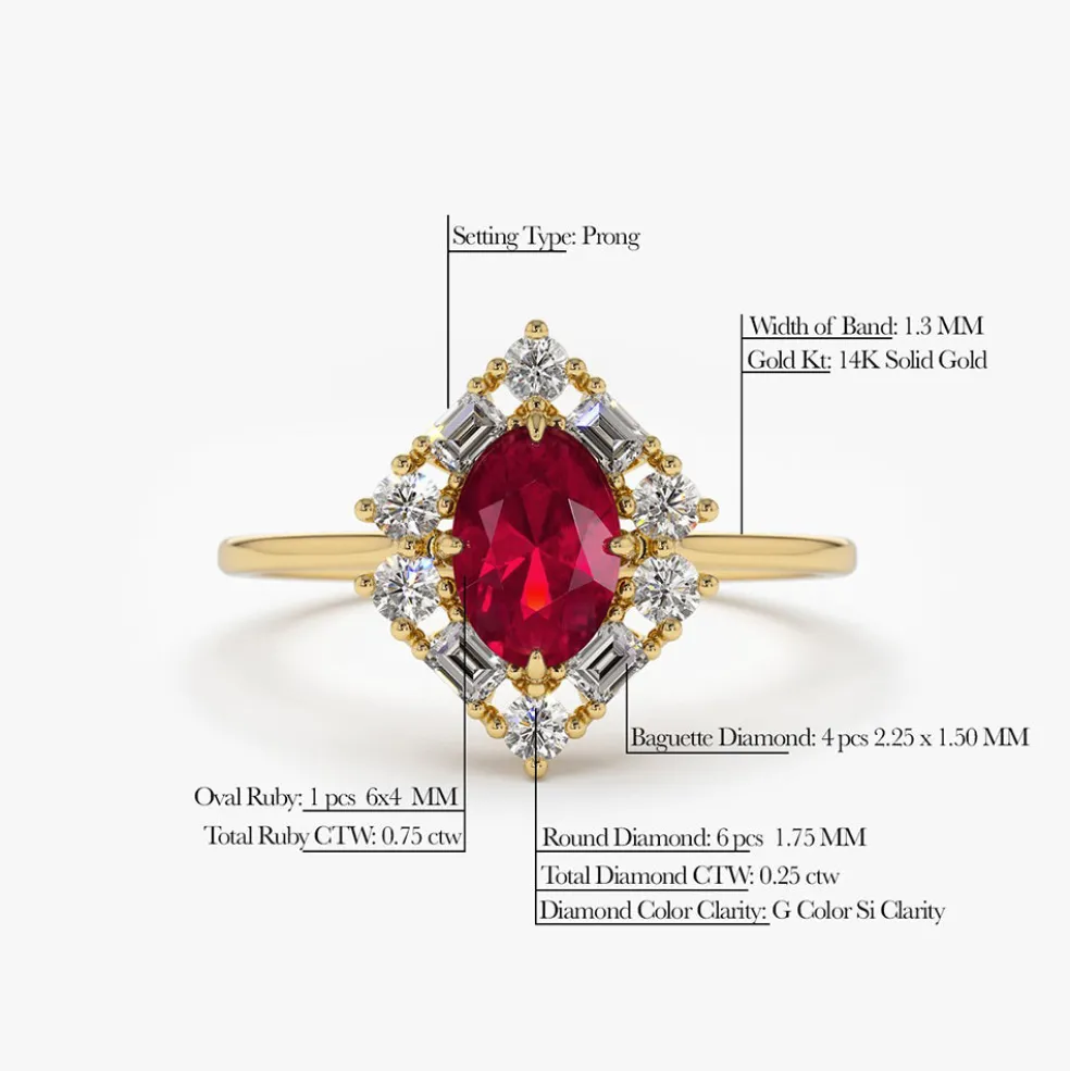 14K Unique Natural Ruby and Baguette Ring