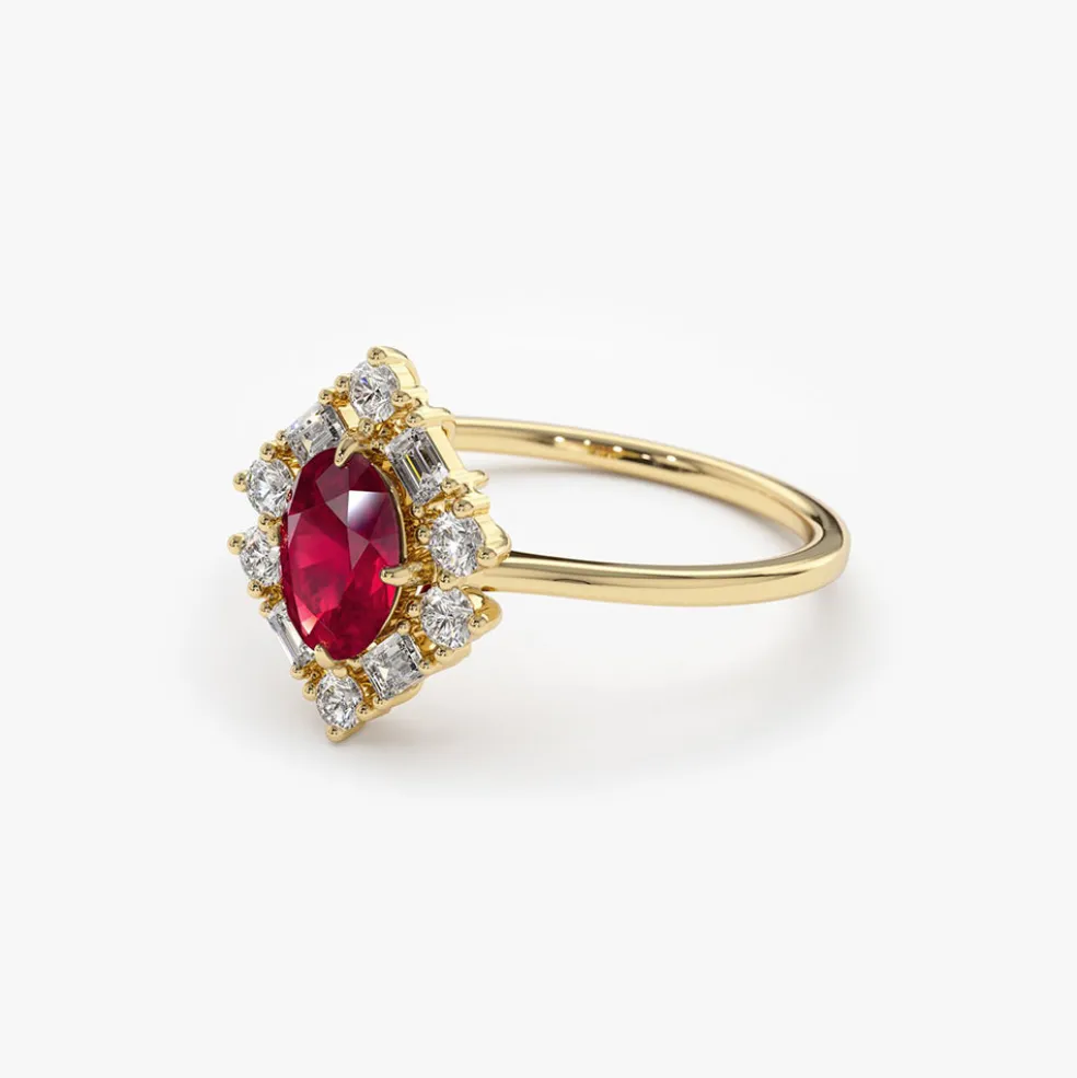14K Unique Natural Ruby and Baguette Ring
