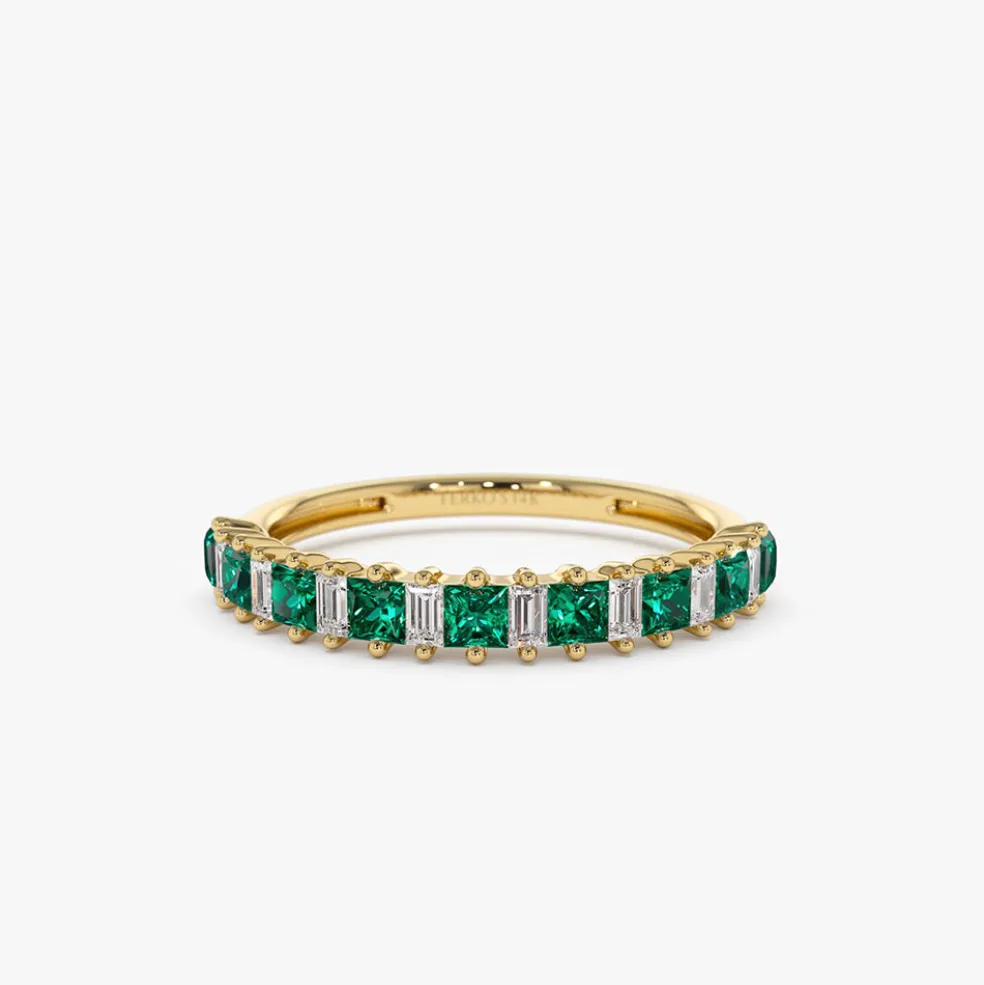 14k Unique Princess Cut Emerald and Baguette Diamond Ring