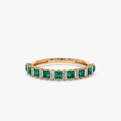 14k Unique Princess Cut Emerald and Baguette Diamond Ring