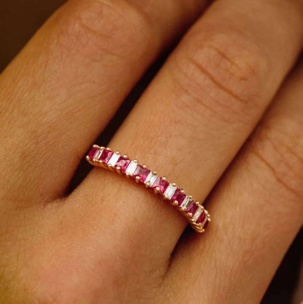 14k Unique Princess Cut Ruby and Baguette Diamond Ring