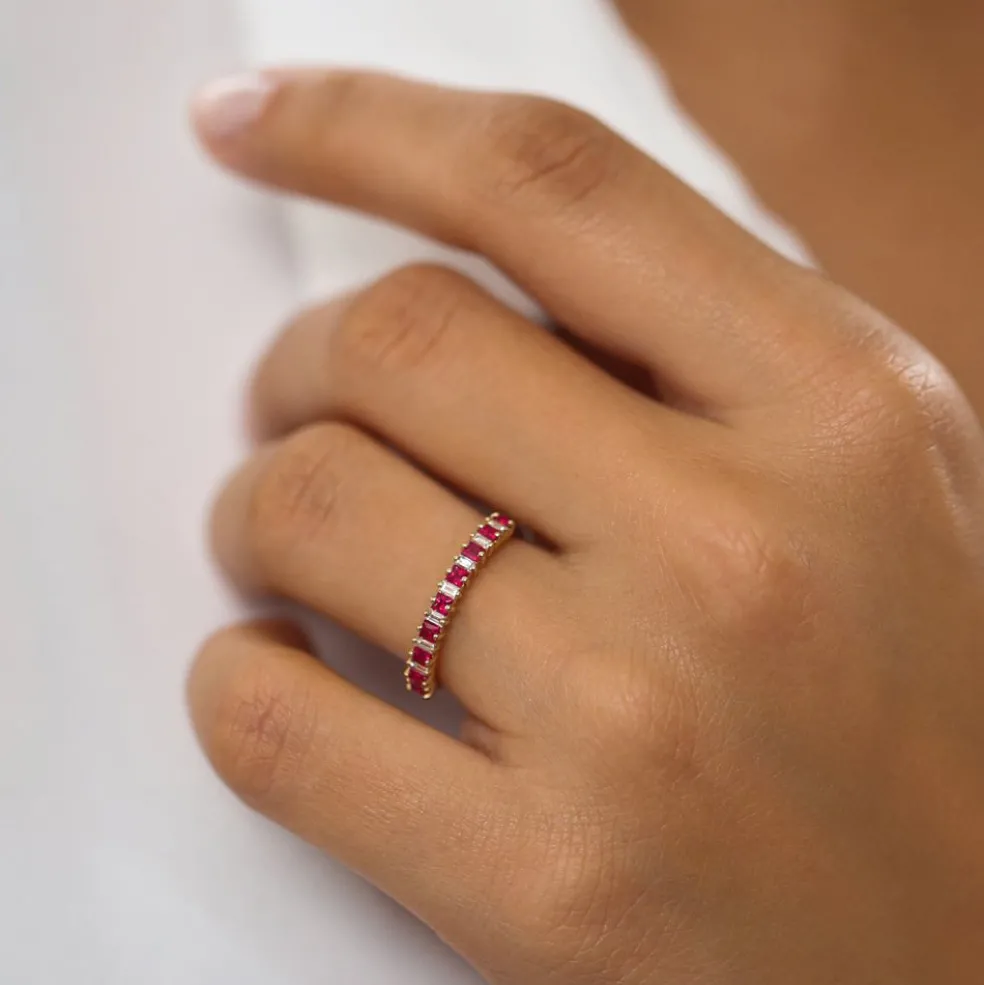 14k Unique Princess Cut Ruby and Baguette Diamond Ring