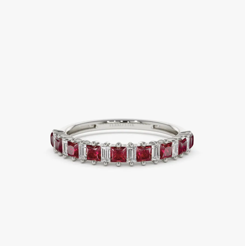 14k Unique Princess Cut Ruby and Baguette Diamond Ring