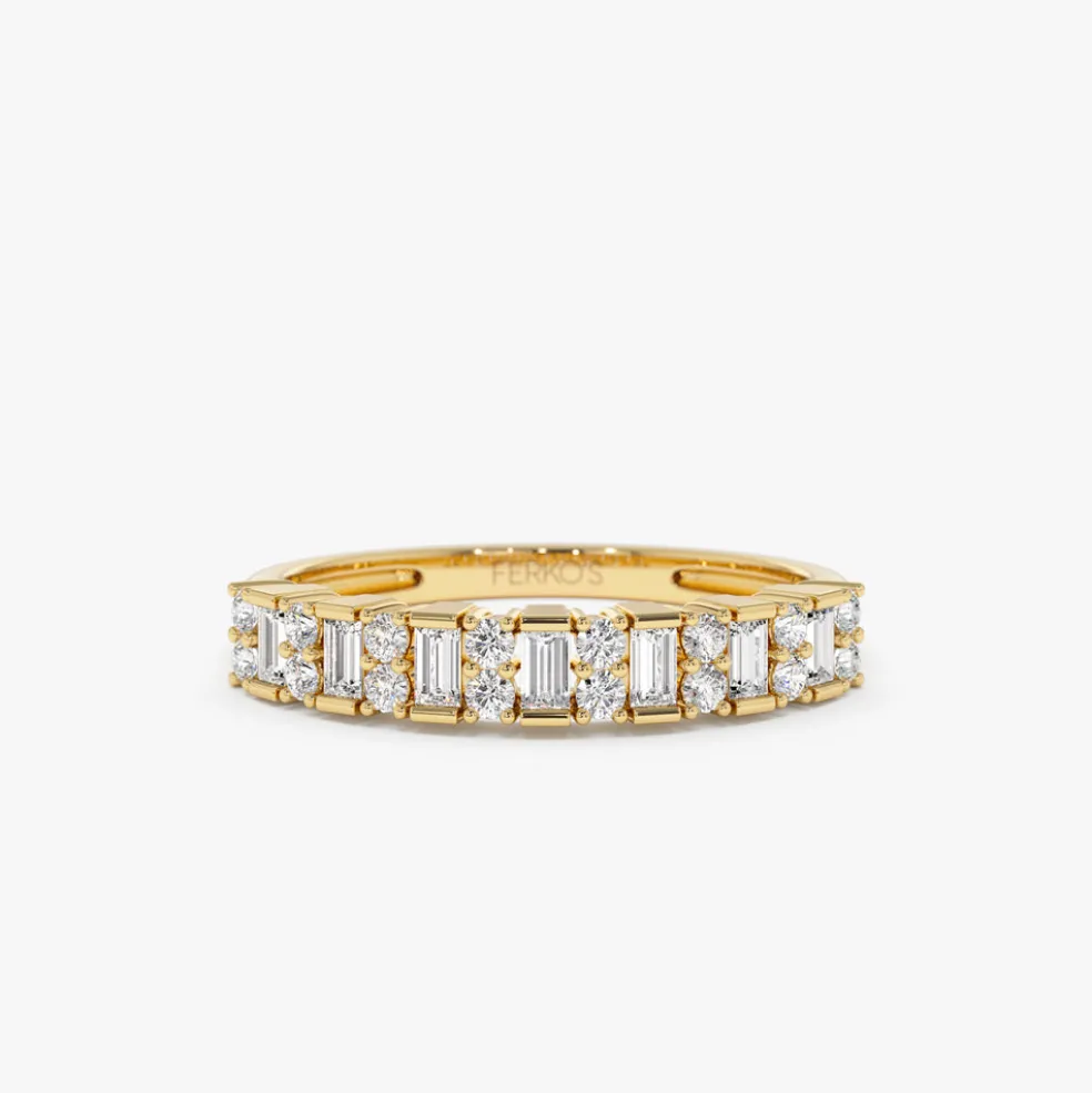 14k Vertical Baguette and Round Diamond Wedding Band