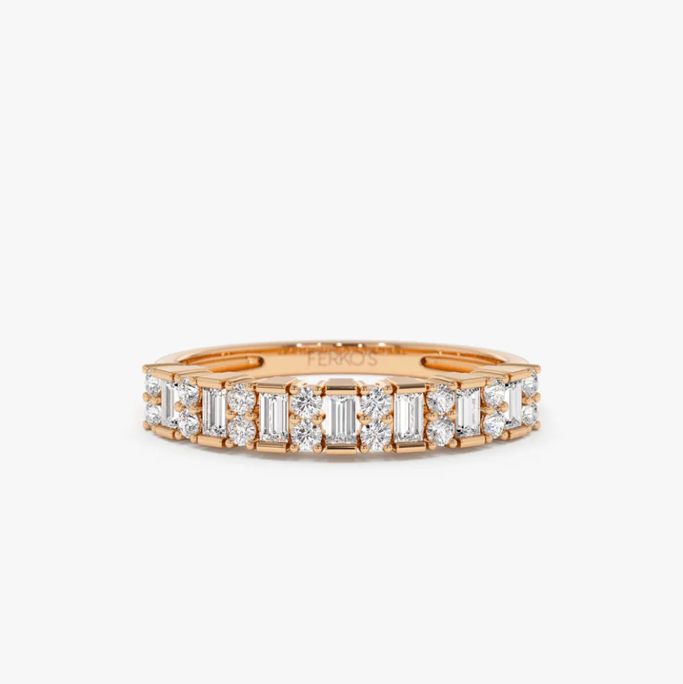 14k Vertical Baguette and Round Diamond Wedding Band