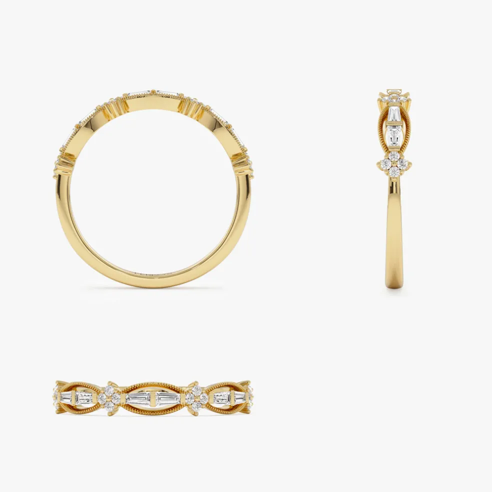 14k Vintage Inspired Baguette Diamond Wedding RIng