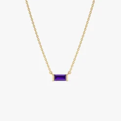 14Kt Gold Baguette Amethyst Dainty Birthstone Necklace