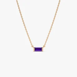 14Kt Gold Baguette Amethyst Dainty Birthstone Necklace