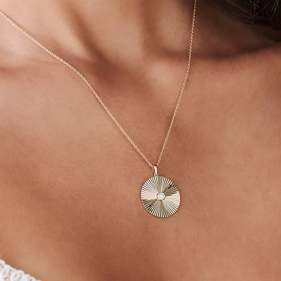 Large Diamond Disc Ray Necklace in 14K