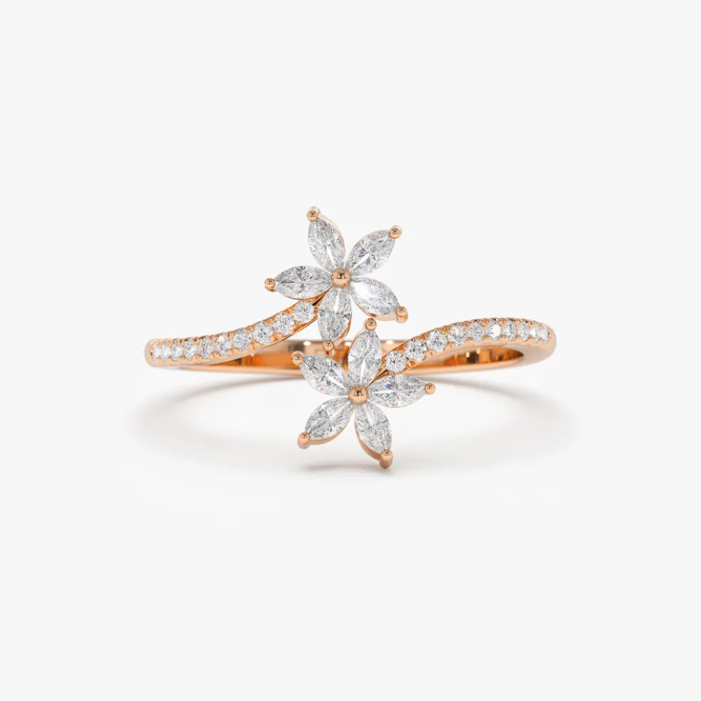 Marquise Diamond Flower Bypass Ring in 14k