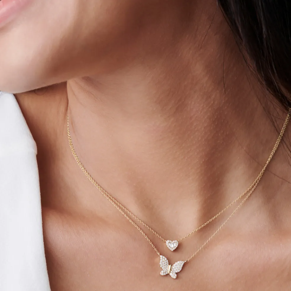 Round and Baguette Diamond Mini Heart Necklace in 14K