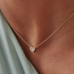 Round and Baguette Diamond Mini Heart Necklace in 14K