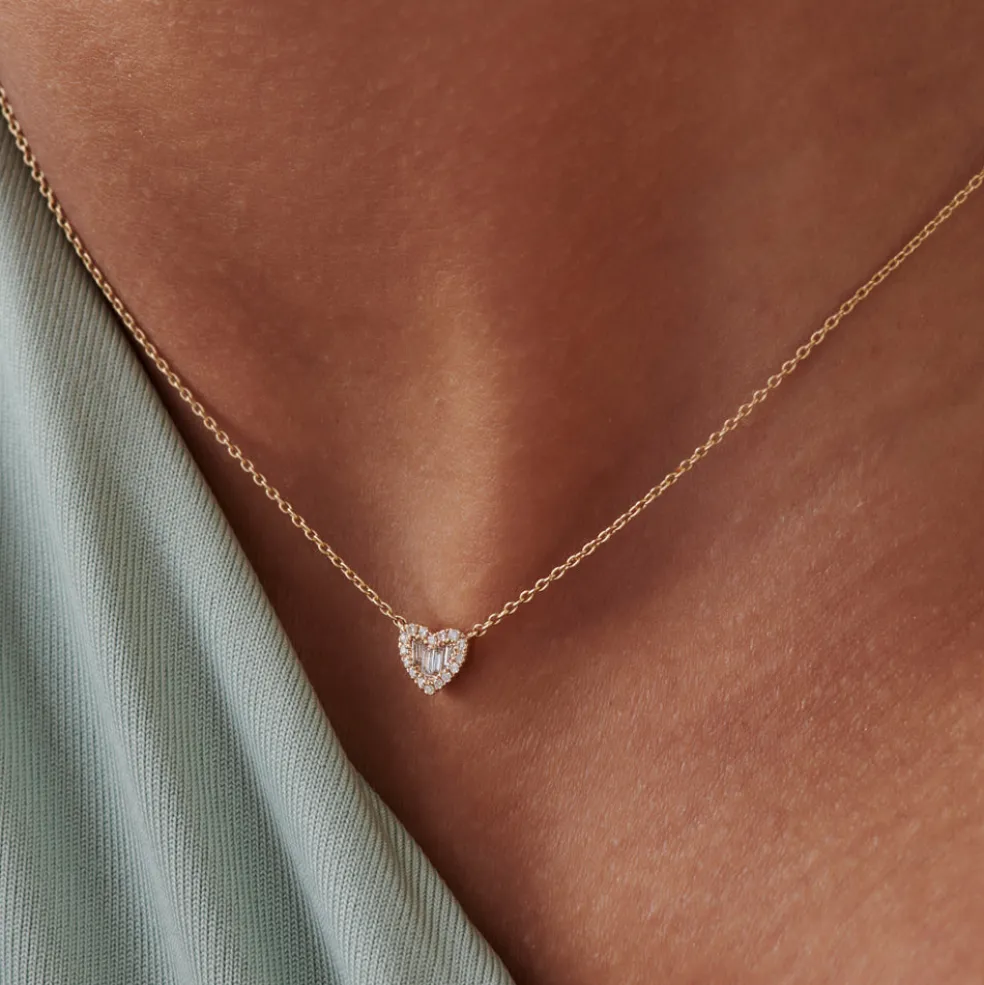 Round and Baguette Diamond Mini Heart Necklace in 14K