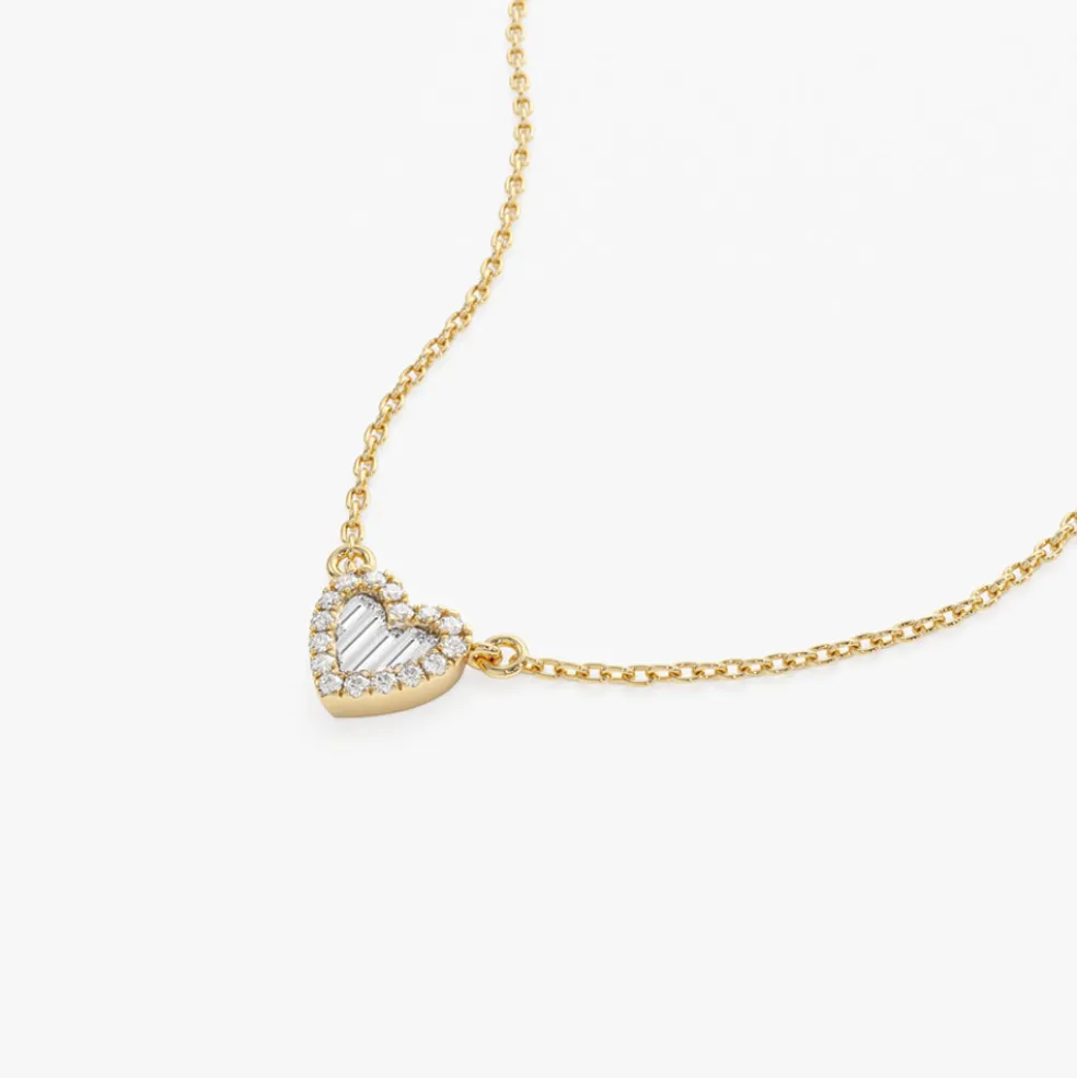 Round and Baguette Diamond Mini Heart Necklace in 14K